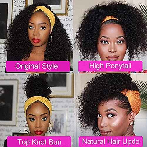Rebasar Human Hair Headband Wig Deep Wave 18 Inch Curly Headband Wig Human Hair Wigs for Black Women Human Hair Glueless No Lace frontal Brazilian Virgin Hair Black Wear and Go Wig with Headband