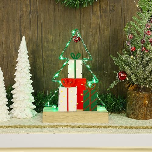 Lulu Home Christmas Tabletop Decoration, Wooden Pre-lit Christmas Tree Ornament with Green Metal Frame, Battery Operated LED Light Up Holiday Sign for Indoor Mantel Shelf Decor