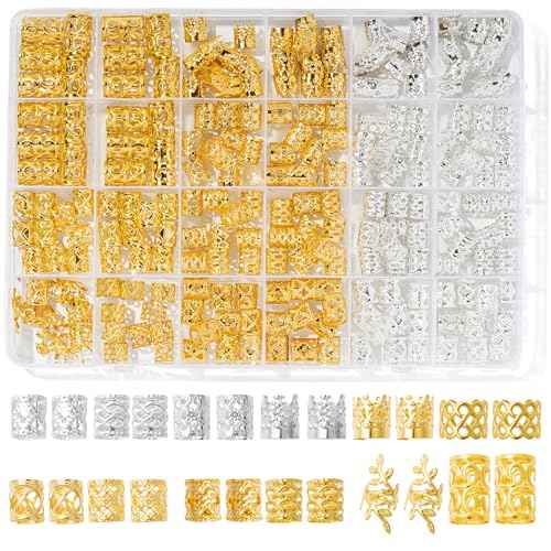 220 Pcs Gold Hair Jewelry for Braids, 12 Styles Gold and Silver Hair Accessories Cuff for Braids and Dreadlocks, Adjustable Metal Rings Cuffs Clips for Dreadlock Accessory Jewelry Decorations