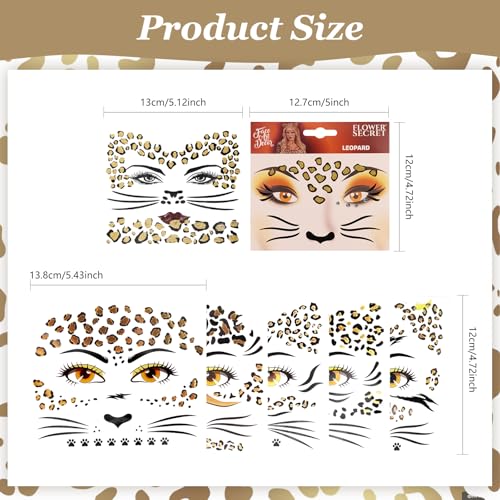Leopard Face Tattoo Stickers - 7 Sheets Glitter Cheetah Print
