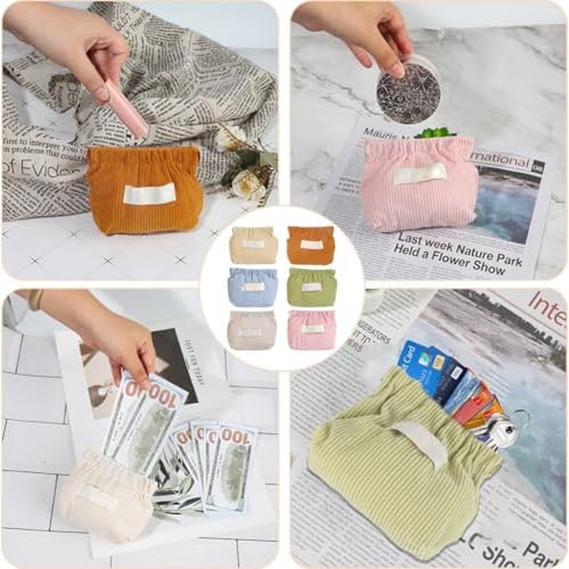 7-IN-1 Corduroy Makeup Bag Set (6 Bags + 1 Mirror), Squeeze-to-Open Mini Pouch for Purse, No-Zipper Corduroy Cosmetic Bag for Hair Ties & Lipsticks, Aesthetic Travel Organizer for Women