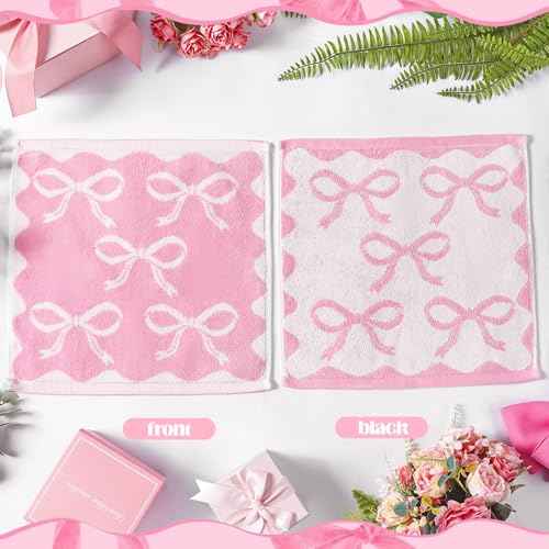 Coume 6 Pcs Pink Bow Washcloths 100% Cotton Wash Cloths 13" x 13" Coquette Small Face Towels Absorbent Soft Preppy Wash Cloths & Hand Bath Towels for Bathroom, Spa, Kitchen Drying Cleaning