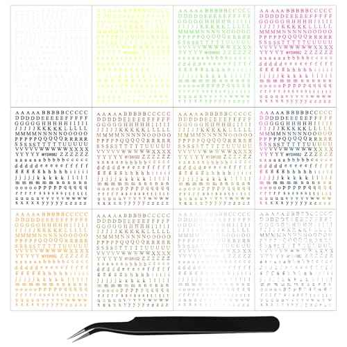 12 Sheets Alphabet Nail Art Stickers 3D Black White Gold Nail Letter Stickers Large Small Self-Adhesive English Nail Decals Manicure Accessories for Women Girls DIY Nail Art Design