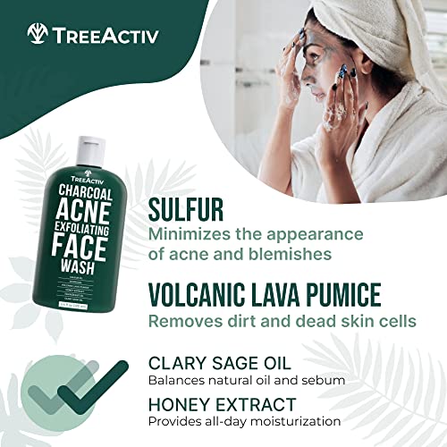TreeActiv Acne Charcoal Face Wash 3.4 oz, Exfoliating Daily Honey & Sulfur Acne Cleanser Face Soap, Deep Cleansing Moisturizing Face Wash for Women and Men