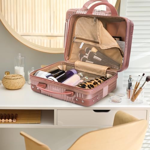 Hard Shell Cosmetic Travel Case, 17 Inch Mini Travel Hand Luggage with Elastic Band, Portable ABS Carrying Makeup Case Suitcase Train Cosmetic Bag for Travel, Camping, Business Trip
