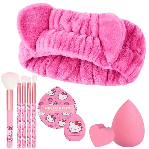 Get Trend Hello Kitty Sanrio Makeup Brush Sponge Set for Girls, Teens with Headband Powder Puffs Soft Brushes Beauty Sponges, Kawaii Gifts for Girls (Pink Hello Kitty)