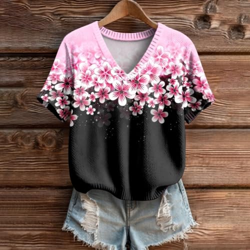 Pink V-Neck Summer Sweater for Women | Short Sleeve Knit Top