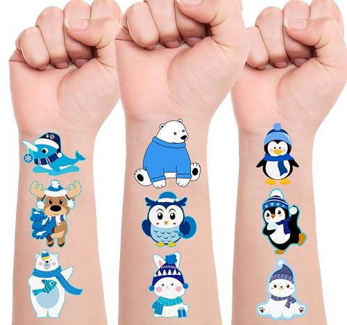 96 Arctic Animal Temporary Tattoos for Kids - Polar Bear, Penguin Designs