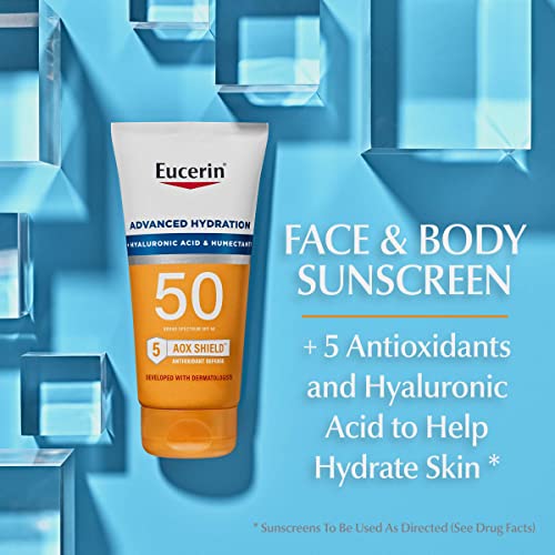 Eucerin Sun Sunscreen Pack with Hyaluronic Acid, Advanced Hydration SPF 50 Sunscreen Lotion, 5 Fl Oz Tube + Age Defense Face Sunscreen Lotion SPF 50, Facial Sunscreen, 2.5 Fl Oz Bottle