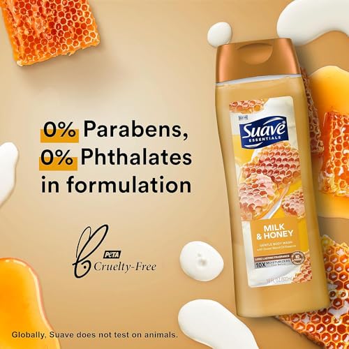 Suave Moisturizing Body Wash, with Milk & Honey and Vitamin E Extract, No Parabens, No Phtahaltes, 18 Oz (Pack of 12)