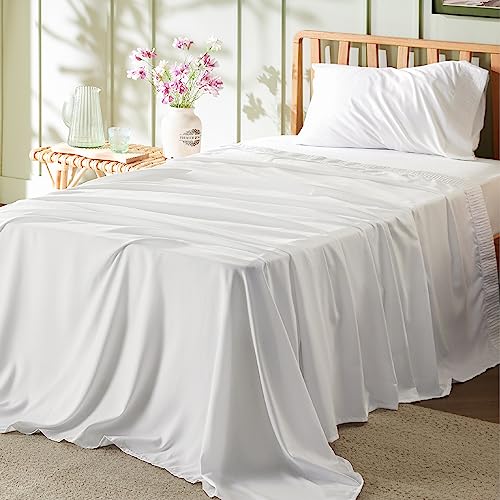 Bedsure Twin Sheets Set White - Soft Twin Bed Sheets, 3 Pieces Hotel Luxury Twin Sheets, Easy Care Polyester Microfiber Cooling Bed Sheet Set