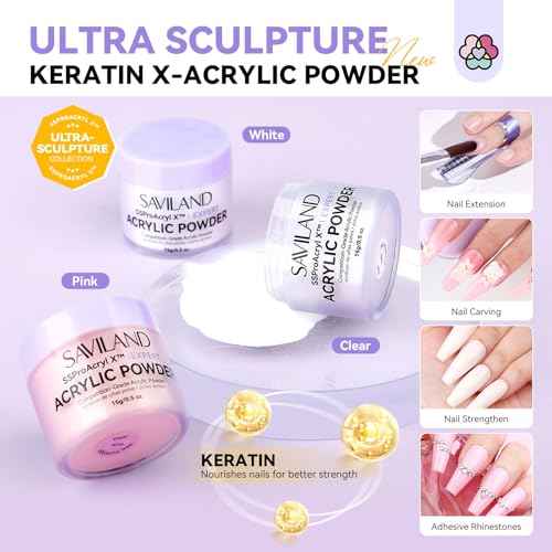 SAVILAND SSPro Acrylic Nail Kit: Clear White Pink Acrylic Powder for Beginners Acrylic Liquid Set with Brush Nail Practice Finger Essential Oil for Acrylic Nails Extension Christmas Gift Home DIY