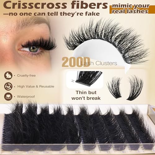 Focipeysa Lash Extension Kit Thick Eyelash Extension Kit 10-18mm Fluff Volume Lash Clusters 200D Individual Eyelashes Kit with Lashes Bond, Lashes Remover, Lash Tweezers, DIY Lash Extension