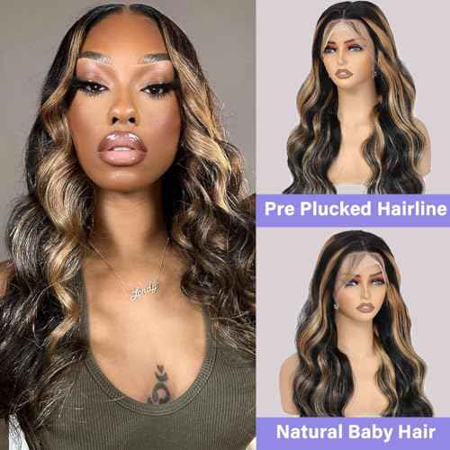 13x6 1b/27 Highlight Ombre Balayage Lace Front Wigs Human Hair Black and Blonde Body Wave Lace Frontal Wig Pre Plucked with Baby Hair for Black Women HD Transparent 180% Density Wig 24 Inch