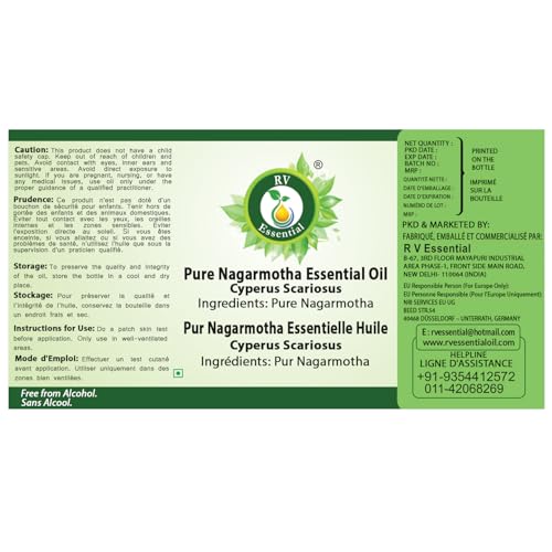 R V Essential Pure Nagarmotha Essential Oil 15ml (0.507oz)- Cyperus Scariosus (100% Pure and Natural Steam Distilled)