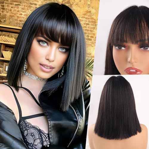 3x1 HD Lace Closure Bob Wig with Bangs Human Hair for Black Women, Realistic Scalp, 100% Raw Human Hair Bob Wig, 180% Density, Glueless Short Bob Wig Human Hair, Natural Black