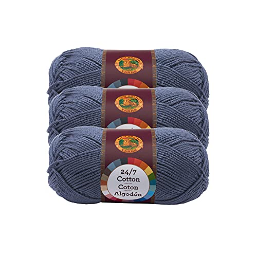 Lion Brand 24/7 Cotton Yarn, Lightweight Yarn for Knitting, Crocheting, and Crafts, Denim, 3 Pack