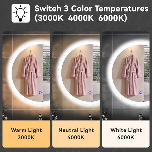 Aurogsky 20” x 20” LED Bathroom Smart Mirror, Round Backlit Vanity with Three Color Temperatures & Memory Function