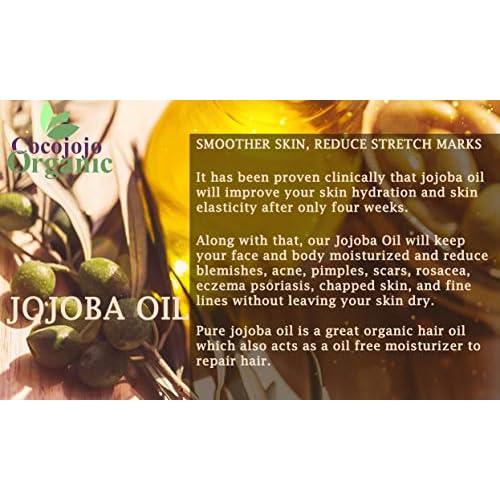 cocojojo Jojoba Oil Organic, Jojoba Oil for Hair Growth, Jojoba Oil for Skin, Jojoba Oil for Face, 100% Pure Natural, Cold Pressed, Deep Moisturizing Anti-Aging, Essential Oils - 4 Fl Oz