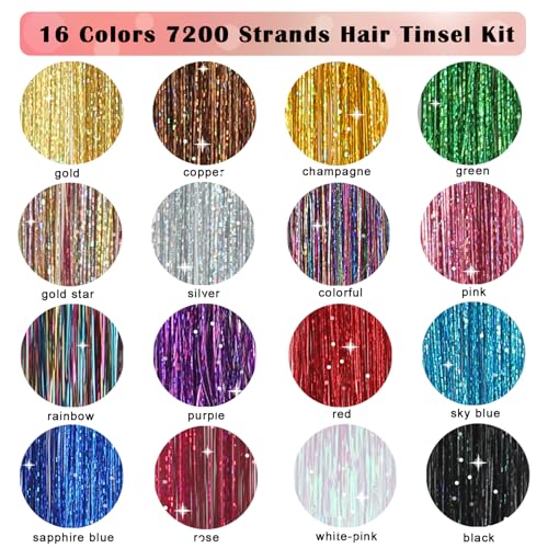 Hair Tinsel Kit 7600 Strands 16 Colors with Tools