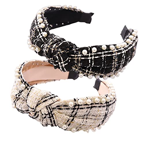 EIIXMSO 2 Pcs Satin Black Bow Jeweled Headbands for Women Elegant Pearl Beaded Vintage Headband for Girl Hair Accessories Hair Band