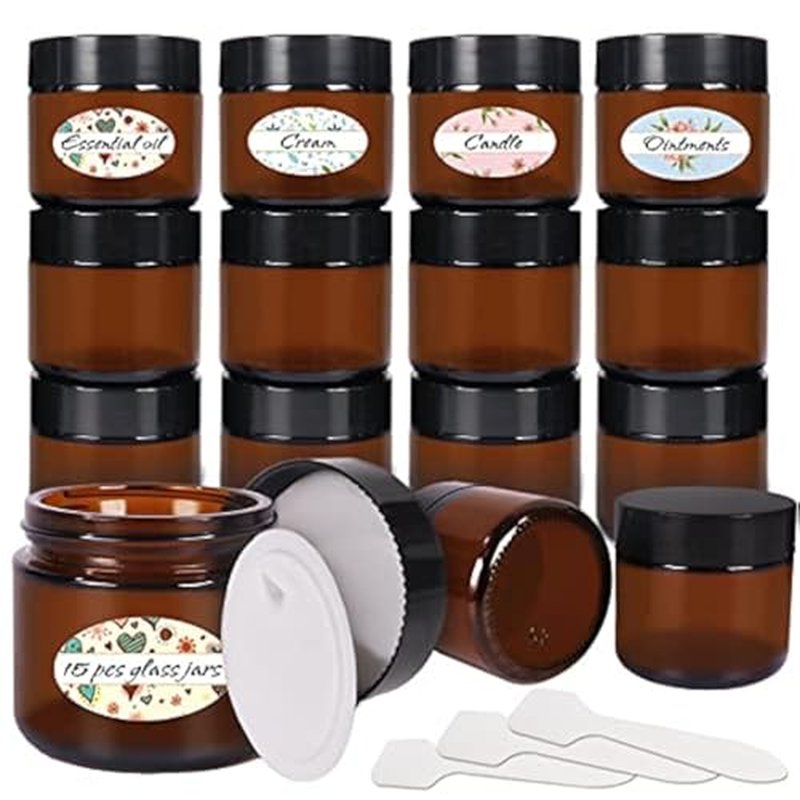 2 oz Amber Glass Jars 15 Pack - Refillable Cosmetic Containers