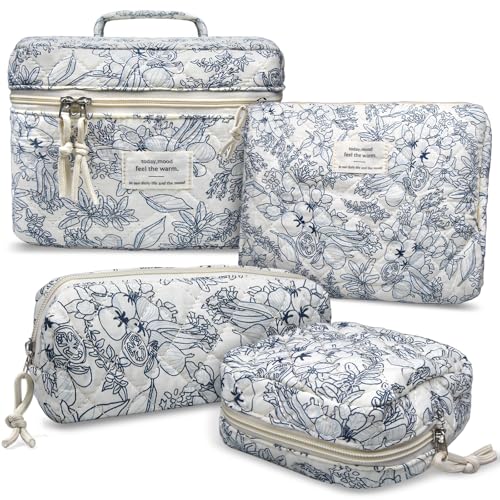 VIWIME Makeup Cosmetic Bag, Large Cotton Quilted Travel Coquette Aesthetic Cute Floral Make up Bag for Women Toiletry Bag Organizer (209 - Lao Lan/4Pcs)