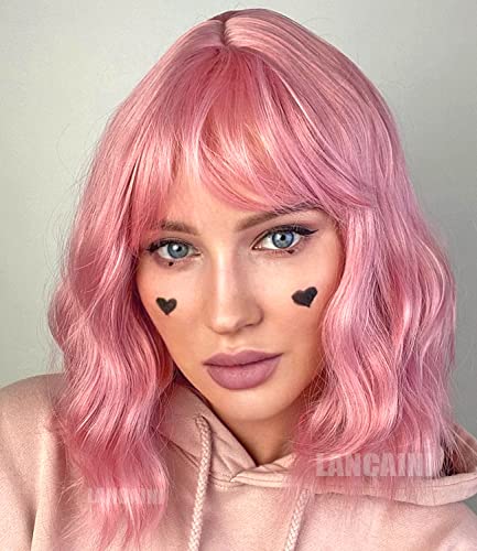 Pastel Pink Bob Wig with Bangs Loose Wavy Synthetic