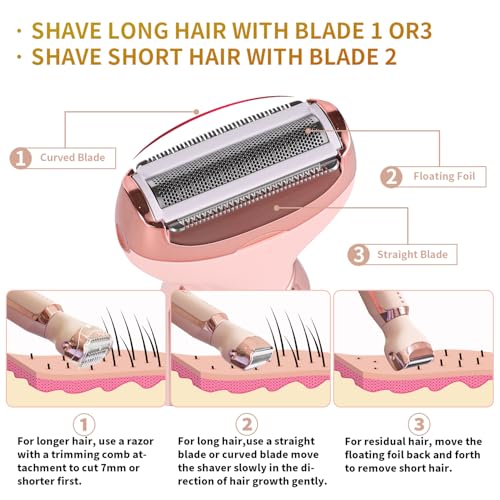 Electric Razors for Women, 5 in 1 Painless Ladies Wet & Dry Body Razors and Facial Hair Remover, Rechargeable Facial and Body Hair Remover for Face Nose Eyebrow Arms Armpit Legs Pubic Area (Pink)