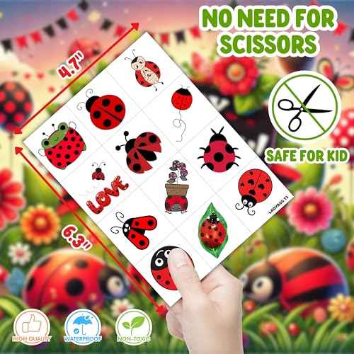 96PCS Ladybug Pre-Cut Temporary Tattoos for Kids - Cute Lady Beetle Bug Tattoos, Party Favors, Birthday Decorations, Classroom Rewards, Halloween Gifts for Boys & Girls