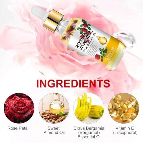 Vitamin E Face Oil,Rose Vitamin E Oil with Gua Sha Massage Tools for Face & Body,Organic Rose Oil for Moisturizing and Hydrating-2.02 fl.oz