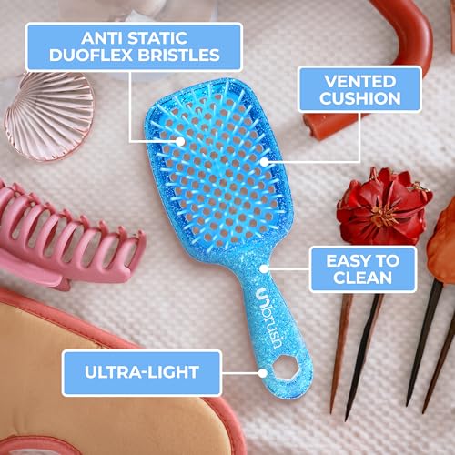 FHI Heat UNbrush Detangling Brush for Pain-Free Brushing on All Wet or Dry Hair Types — Durable DuoFlex Anti-Static Bristles, Lightweight Handle, Vented Hair Brush, Sapphire Blue