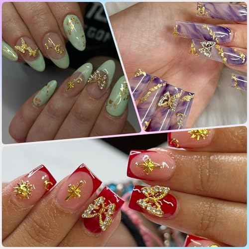 100Pcs Gold Nail Charms and Gems Charms for Nails Design Gold Charms for Nails Metal Bow Cherry Butterfly Cross Heart Star and Flowers