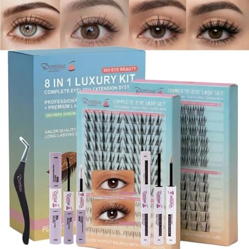 Dorisue Luxury 8-Founction(3 Upper + 1 Lower) Cluster Lashes Kit with Eyelash Growth Serum - 168PCS Complete System (, Bond Seal Remover, Hypoallergenic Waterproof Professional Set