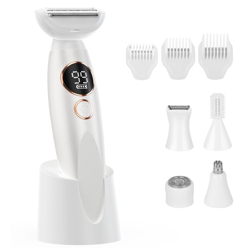 Bikini Trimmer for Women, Rechargeable 4H Use Electric Razors for Women with LED Display Painless 5 in 1 Facial Nose Pubic Hair Removal IPX7 Waterproof Body Shaver for Leg Armpit Eyebrows Femal Gift