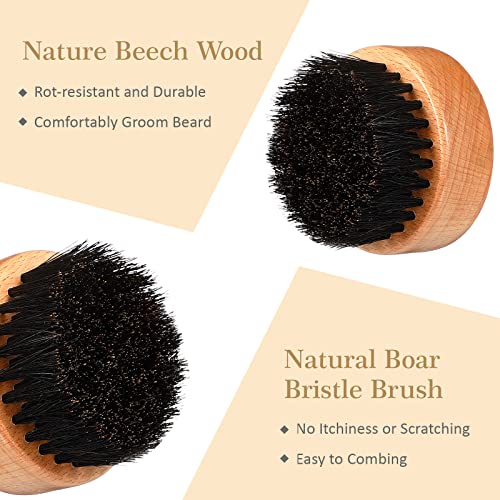 10 Sets Men's Beard Grooming Kit: Natural Boar Bristle Brush, Pear Wood Dual-Sided Wide Tooth Comb, Travel Pouch - Perfect Valentine Gift (Circle)