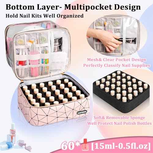 Clear Nail Polish Organizer Holds 60 Bottles (15ml/0.5fl.oz)& Nail Lamp, Double Layer Nail Supplies Organizer Case Transplant, PU Leather Nail kit Storage Bag for Manicure Tools (Pink)