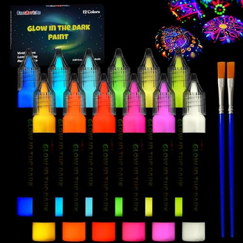 Glow in the Dark Fabric Paint Set - 12 Neon Colors, 20ml Each