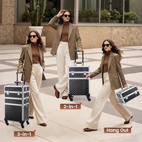 Frenessa 3-in-1 Vintage Black Rolling Makeup Case with Detachable Compartments