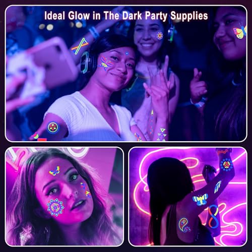 Glow in The Dark Temporary Tattoos - 20 Sheets, 160+ UV Neon Designs