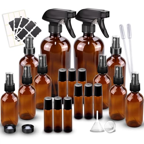 Loretoy Amber Glass Spray Bottle Kit 10 pcs - UV Protect, Reusable, Multi-Size