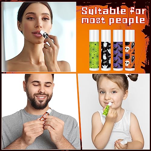 40 Pcs Halloween Lip Balms Bulk, Ghost Spiderweb Skull Bat Design Lip Moisturizers for Adults Summmer Halloween Party Supplies Favor Gifts, 4 Styles