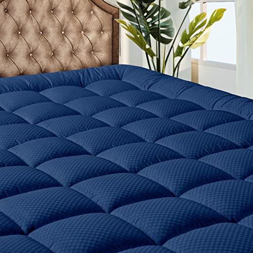 MATBEBY Bedding Quilted Fitted Twin Mattress Pad Cooling Breathable Fluffy Soft Mattress Pad Stretches up to 21 Inch Deep, Twin Size, Navy Blue, Mattress Topper Mattress Protector