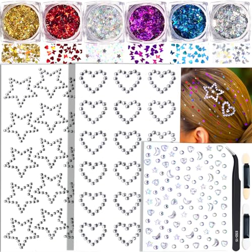 Face Glitter Body Glitter Gel with Face Heart Star Stickers, 6 Colors Hair Glitter Gel with Self Adhesive Face Gems Stick on Rhinestone Stickers for Face, Hair, Body for Festival Makeup