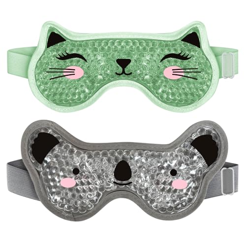 Kids Ice Packs 2 Packs Cooling Eye Mask with Soft Plush Backing for Children Boo Boos Sinus Headache Fever Patch for Kids (Green+Grey)