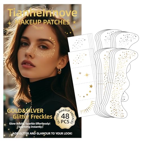 Glitter Freckles Face Tattoo, 48PCS Gold and Silver Temporary Tattoos, Sparkle Freckles for Women, Waterproof Body Glitter Makeup Patches, Country Concerts Singer Festival Mardi Gras Rave Outfit