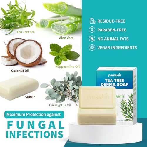 PURESKIN Sulfur & Tea-Tree-Oil Soap Bar: Natural Balanced Cleansing for Oily, Acne Dermatitis-Prone & Irritated Skin ? Helps Reduce Body Odor & Blemishes ? 2 Pack