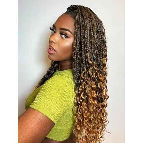 Boho Box Braided Wigs for Black Women Glueless Double Full Lace Human Hair Blended Lightweight Hand Braid Wig with Baby Hair (4-#27, 30 In)