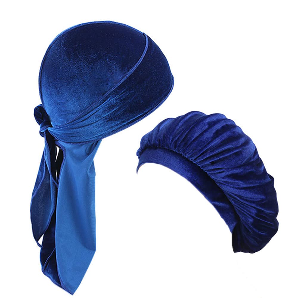 Velvet Durag and Bonnet 2pcs Set Breathable Couple Men Durags Women Bonnets (Blue)