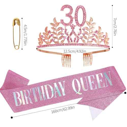 Birthday Sash Tiara Birthday Tiara Rhinestone Crown Rose Gold Birthday Queen Tiara Sash and Tiara for Women Birthday Decor Princess Tiara Cake Topper Crystals Hair Accessories for Party